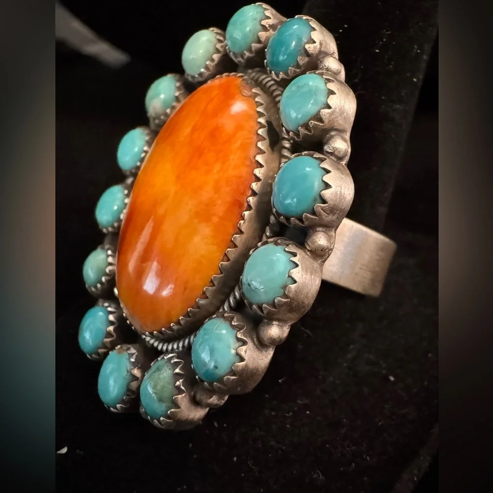 Spiny oyster Orange &‎ genuine, Kingman Turquoise Statement Ring sterling silver
